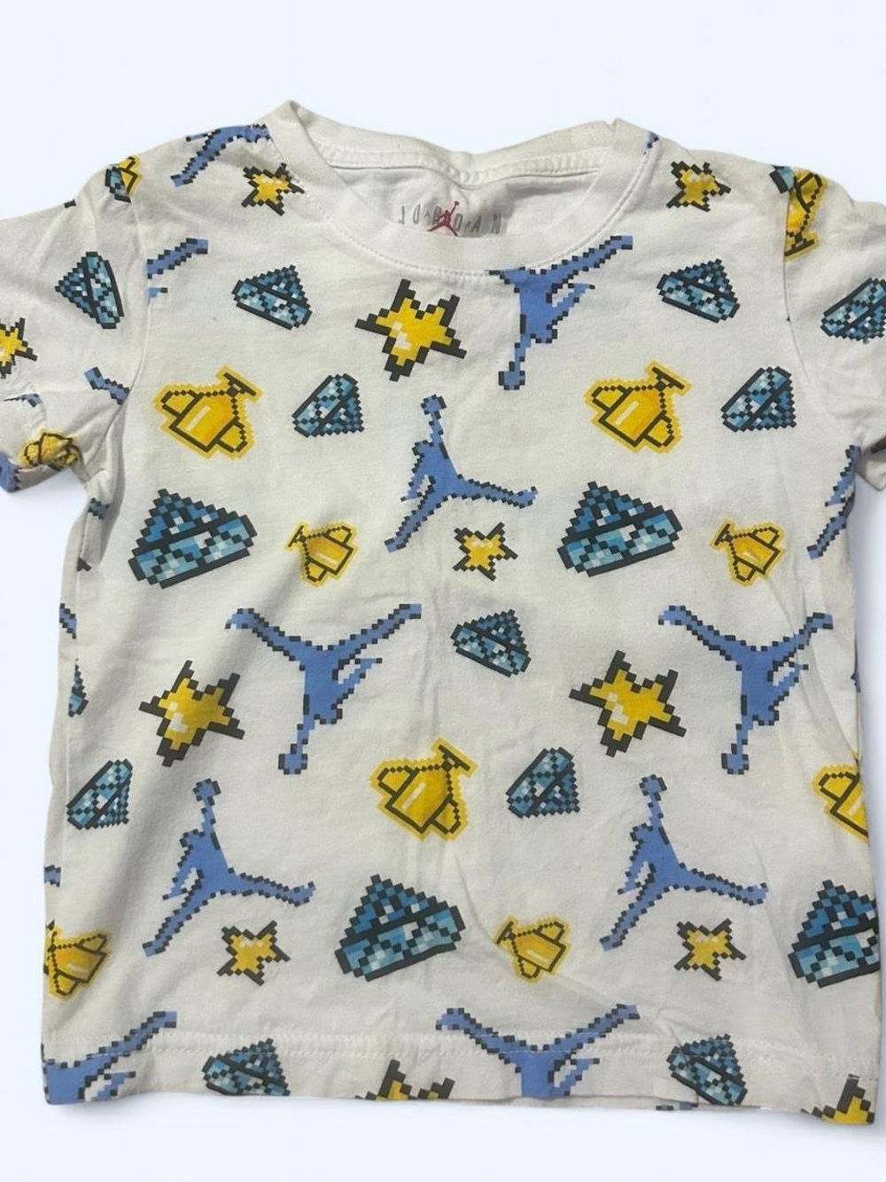 Kids Jordan White Tee with Blue and Yellow Pixel Graphics